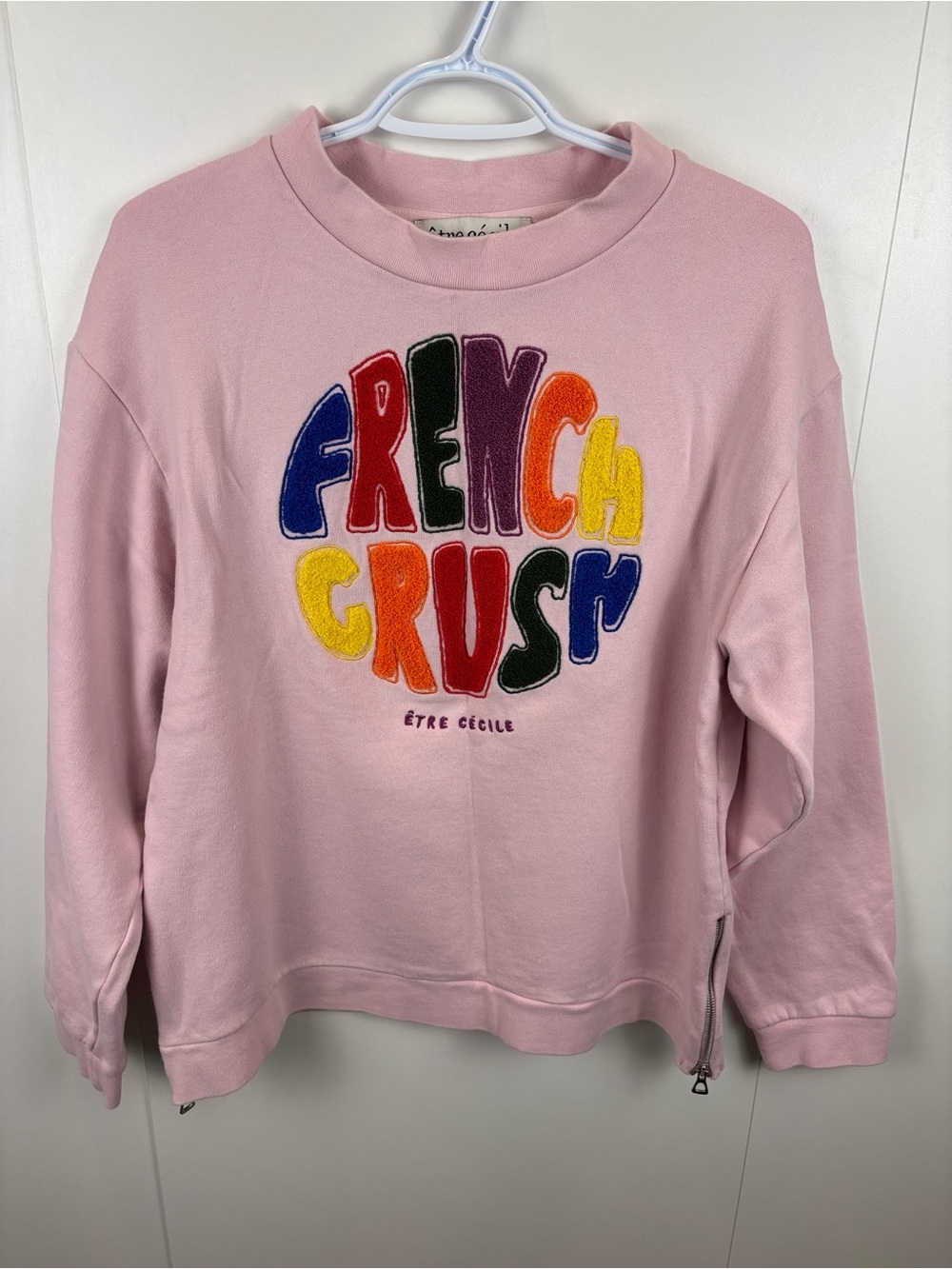 Etre Cecile French Crush Pink Sweatshirt sz L Raised Logo Zip Sides Cotton Crew